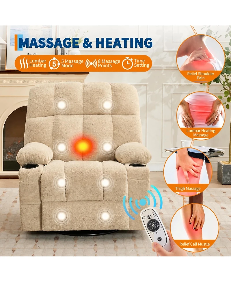 Oversized Swivel Rocker Recliner With Heat and Massage, 8 Vibration Massage Nodes, Lumbar Therapy, Soft Fabric, Cup Holders, For Living Room