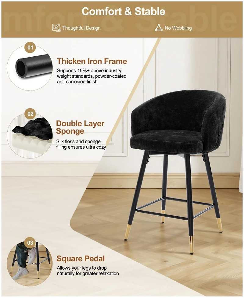 Bekrvio 26" Swivel Counter Height Bar Stools, Upholstered Barrel Back Kitchen Island Stools