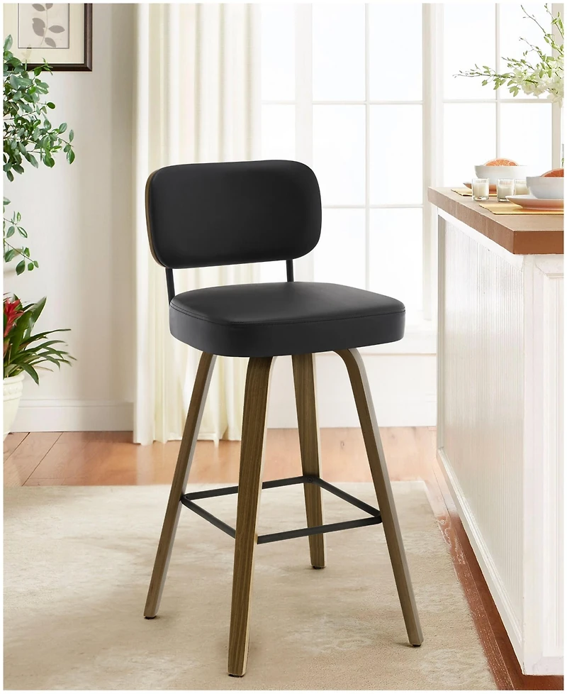 Bekrvio 29" Swivel Bar Stool, Pu Leather Back with Footrest and Solid Wood Frame, Height for Kitchen Island, Mid-Century Modern
