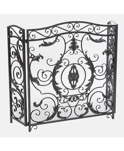 sumyeg Traditional 3 Panel Folding Fireplace Screen with Iron Frame and Decorative Scrollwork