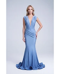 Jessica Angel Women's Ruched Plunge Pleated Sleeveless Mermaid Gown