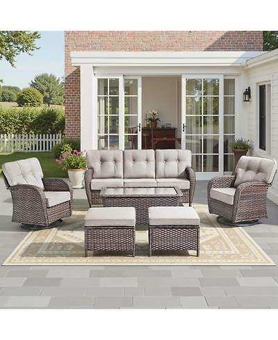 Pocassy High Back Patio Furniture Set with 5-Inch Thick Cushion, 6-Piece Outdoor Conversation Sofa, Swivel Rocker Chairs and Ottomans