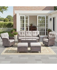 Pocassy High Back Patio Furniture Set with 5-Inch Thick Cushion, 6-Piece Outdoor Conversation Sofa, Swivel Rocker Chairs and Ottomans