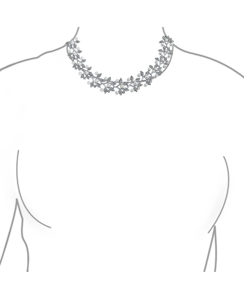Bling Jewelry Fashion Faux White Pearl Pave Cz Leaf Motif Bib Statement Necklace