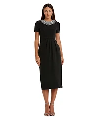 Mac Duggal Petite Rhinestone-Embellished Midi High-Neckline Dress