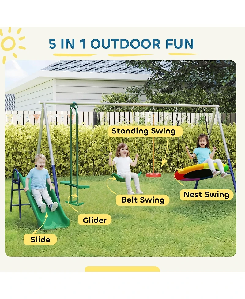 Glintex 5-in-1 Kids Swing Set with Slide, Nest Swing, Belt Swing, Glider, Standing Swing, Steel A-Frame, 771 lbs Capacity, Ages 3–8