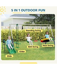 Glintex 5-in-1 Kids Swing Set with Slide, Nest Swing, Belt Swing, Glider, Standing Swing, Steel A-Frame, 771 lbs Capacity, Ages 3–8