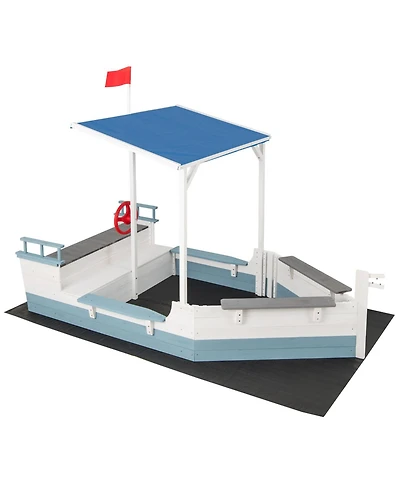 Glintex Pirate Ship Sand Pit With Canopy & Bench Seats, 86"L x 43"W x 64"H Fir Wood, 440 lb Sand, Ages 3-8
