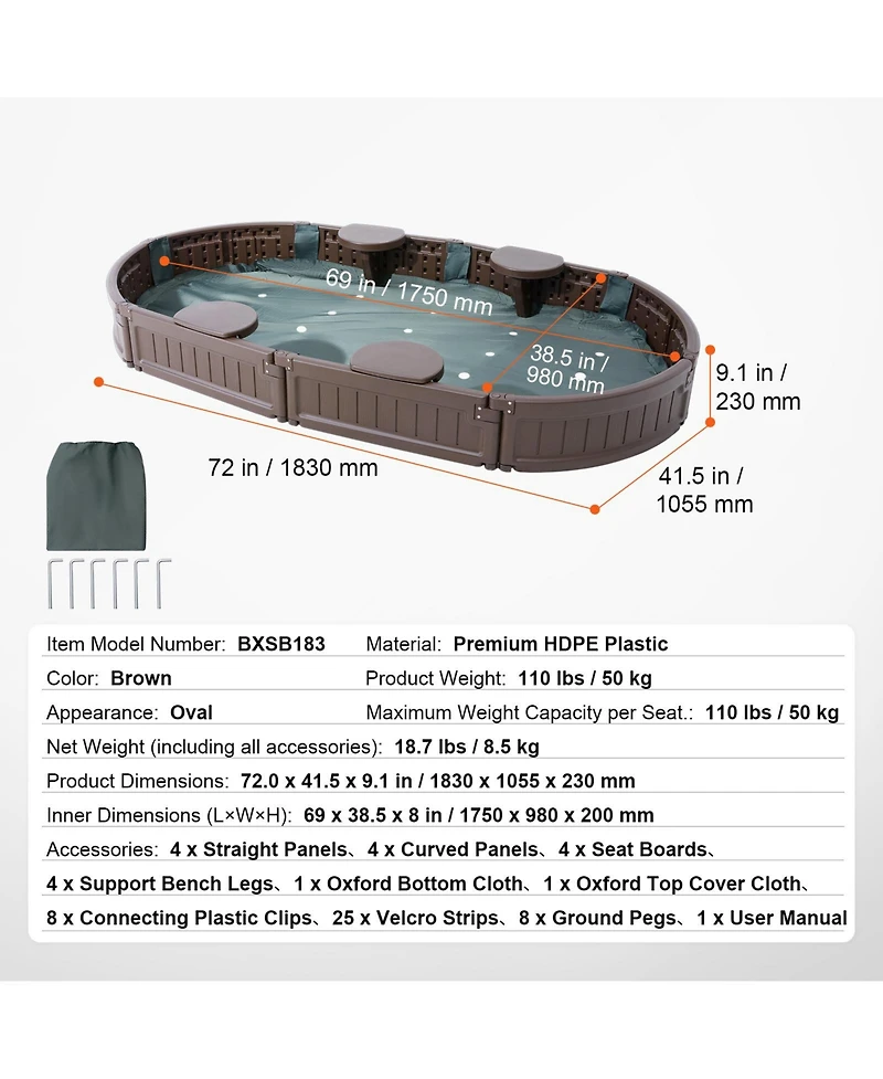 Glintex 72 x 41.5 in Oval Kids Sandbox with 4 Corner Seats, Cover & Liner, Ages 3-12