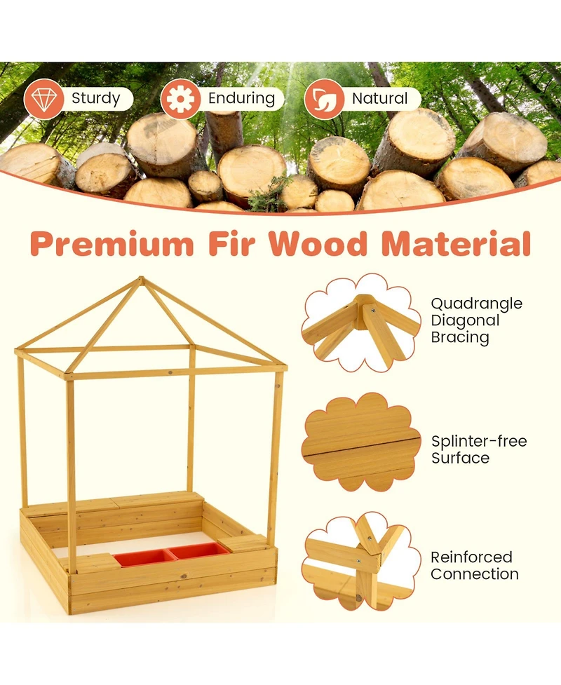 Glintex Kids Sandbox, 43.5 x 43.5 in Wooden Sand Pit with Full Canopy, 4 Mesh Windows, Storage Benches, 2 Bins and Bottom Liner