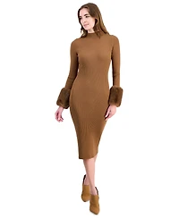 Elie Tahari Women's Savannah Long-Sleeve Mock-Neck Faux-Fur-Cuff Midi Sweater Dress