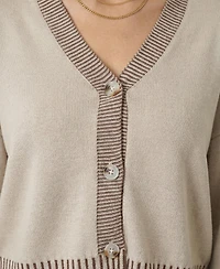 Modenaire Women's Knit Contrast-Trim V-Neck Cropped Cardigan and Wide-Leg Pants, 2-Piece Set