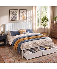 homfan Bed Frame with Upholstered Headboard, Adjustable Headboard Iron Platform Bed, No Box Spring Needed