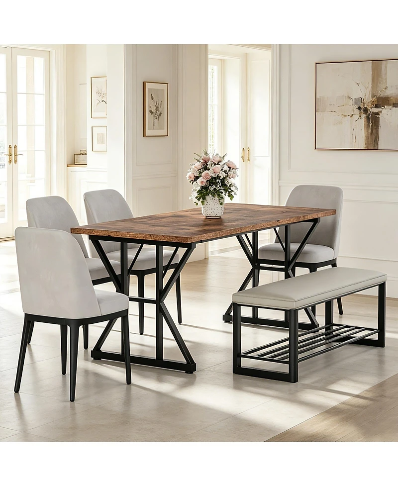 71 Inch Industrial Dining Table For 4 6, Waterproof Tabletop, Heavy Duty Metal Frame, Ergonomic Height, Space Saving, Modern Rustic For Home, Office