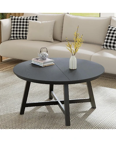 36 Inch Round Coffee Table, Wood Grain Top Cocktail Table With X Shaped Metal Base, Industrial Modern Accent Table For Living Room Or Office