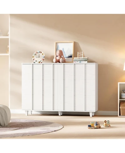 Modern Minimalist Fluted Wide Dresser Chest Of Drawers - 6 Drawer Clothing Storage Cabinet For Bedroom Small Space Nursery Living Room Or Entryway