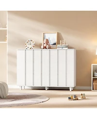Modern Minimalist Fluted Wide Dresser Chest Of Drawers - 6 Drawer Clothing Storage Cabinet For Bedroom Small Space Nursery Living Room Or Entryway