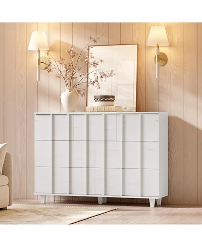 Modern Minimalist Wide Fluted Dresser Chest Of Drawers - 7 Drawer Clothing Storage Cabinet For Bedroom Small Space Nursery Living Room Or Entryway