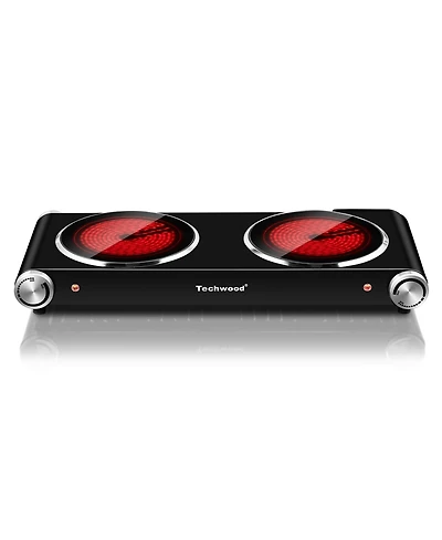 Techwood 1800W Electric Cooktop Dual Control Infrared Ceramic with Handles Double Burner for Kitchen, Dorm, and Camping