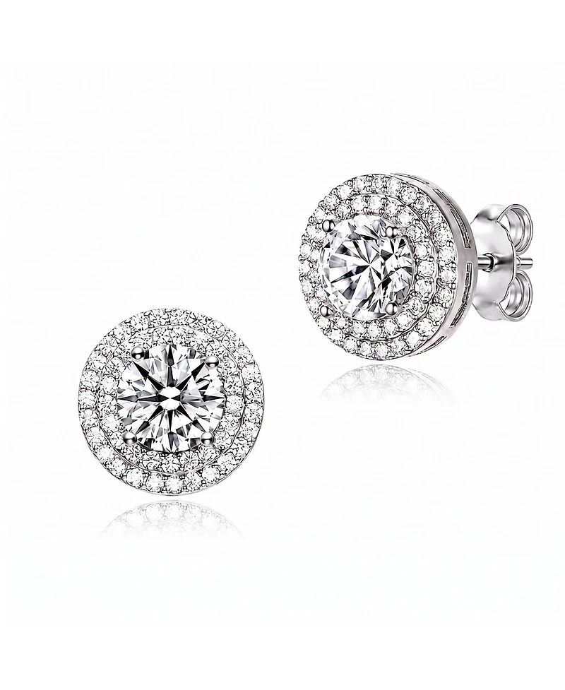 Cubic Zirconia Sterling Silver round Haloed Stud Earrings