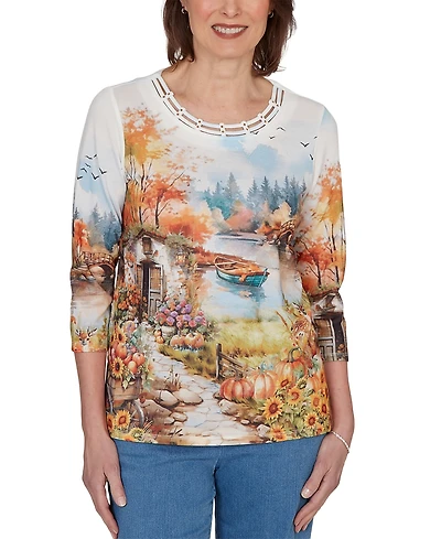 Alfred Dunner Women's Autumn Lake Scenic Print Top