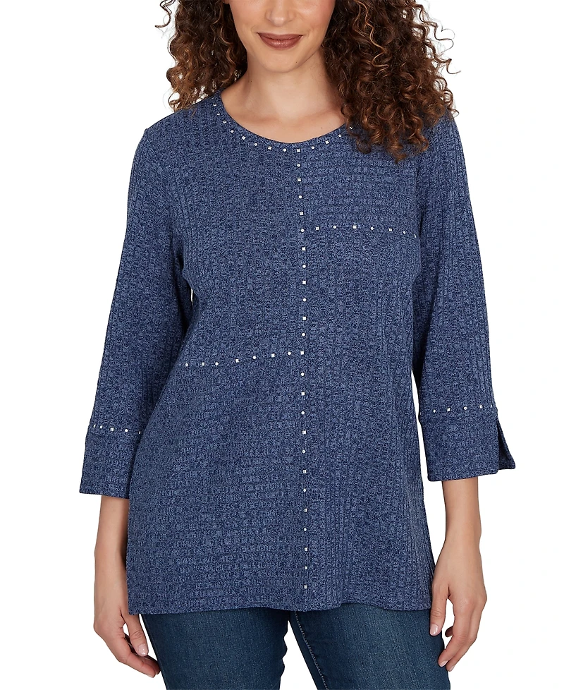 Alfred Dunner Women's Spliced Texture Metallic Studded Top