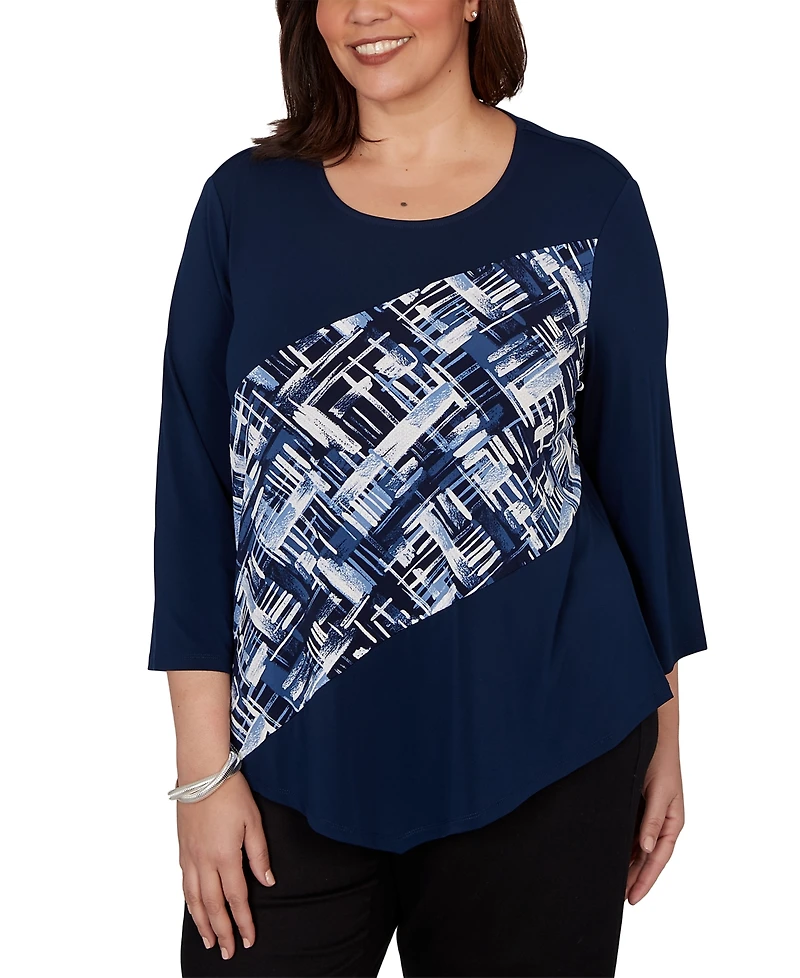Alfred Dunner Plus Etched Plaid Diagonal Puff Printed Top