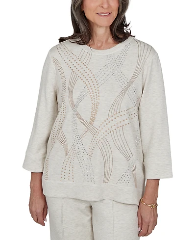 Alfred Dunner Women's Knit 3/4-Sleeve Embellished Crewneck Top