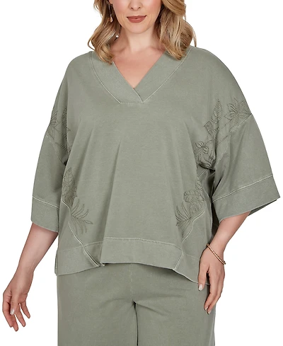 Ruby Rd. Plus Size Tropical Embroidered French Terry Knit Top
