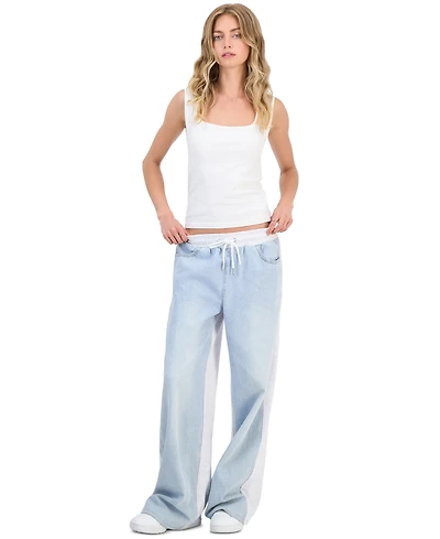 Madden Girl Juniors' Mixed-Media Wide-Leg Sweatpant Jeans