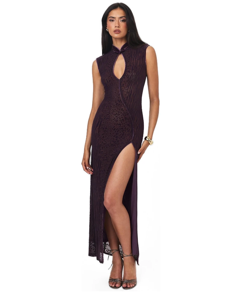 Miss Circle Women's Riona Violet Burnout Velvet Mesh Keyhole Maxi Dress