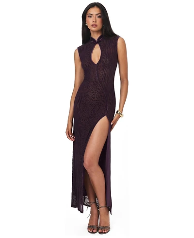 Miss Circle Women's Riona Violet Burnout Velvet Mesh Keyhole Maxi Dress