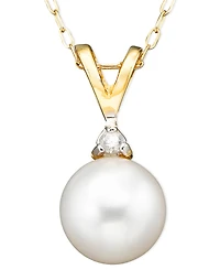 Belle de Mer Pearl Cultured Freshwater Pearl (6-1/2mm) and Diamond Accent Pendant Necklace in 14k Gold