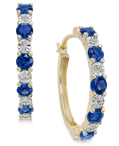 Emerald (3/4 ct. t.w.) and Diamond Accent Hoop Earrings 14k Gold (Also Sapphire Ruby)