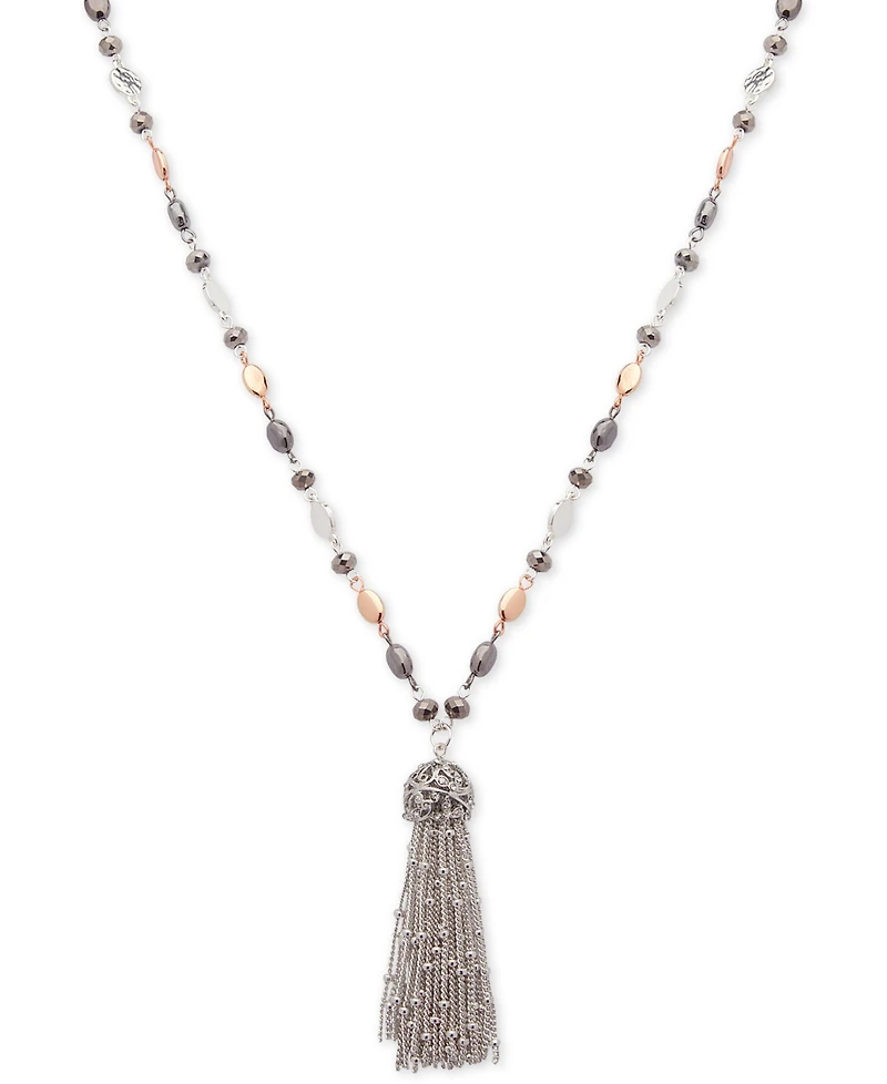 Nine West Tri-Tone Metallic Bead Long Tassel Pendant Necklace