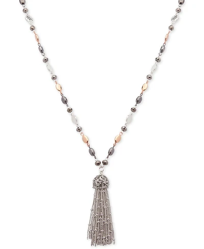 Nine West Tri-Tone Metallic Bead Long Tassel Pendant Necklace