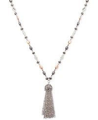 Nine West Tri-Tone Metallic Bead Long Tassel Pendant Necklace