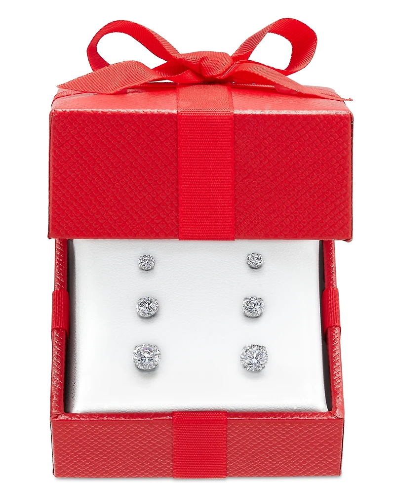 Cubic Zirconia 3-Pc. Set Graduated Stud Earrings 14k Gold or White