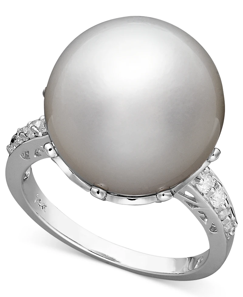 14k White Gold Ring, Cultured South Sea Pearl (14mm) and Diamond (1/5 ct. t.w.) Ring