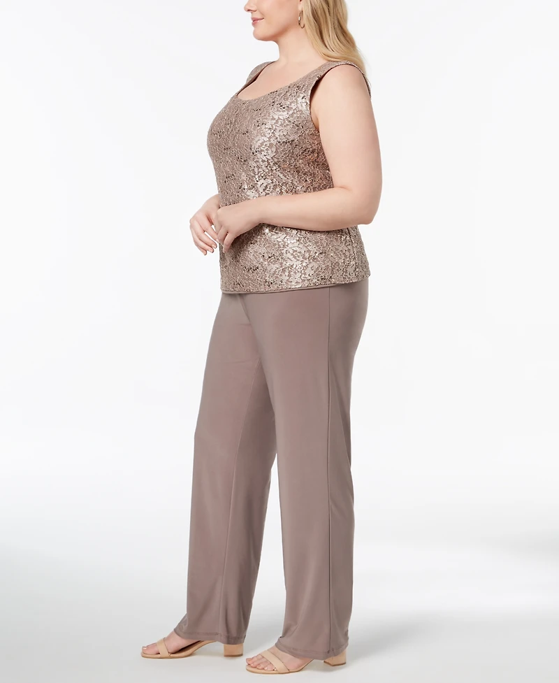 R & M Richards 3-Pc. Plus Sequined Lace Pantsuit Shell