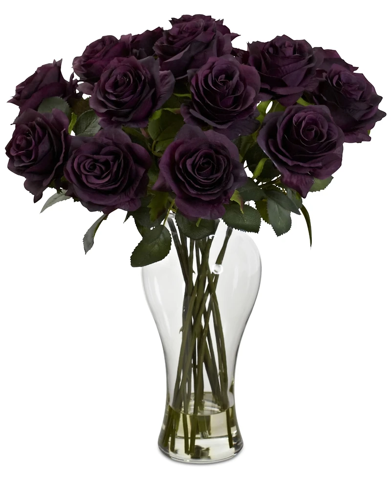 Nearly Natural Blooming Roses Artificial Arrangement in Glass Vase