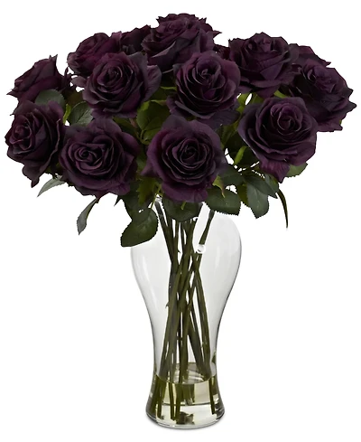 Nearly Natural Blooming Roses Artificial Arrangement in Glass Vase