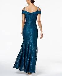 R & M Richards Off-The-Shoulder Lace Gown