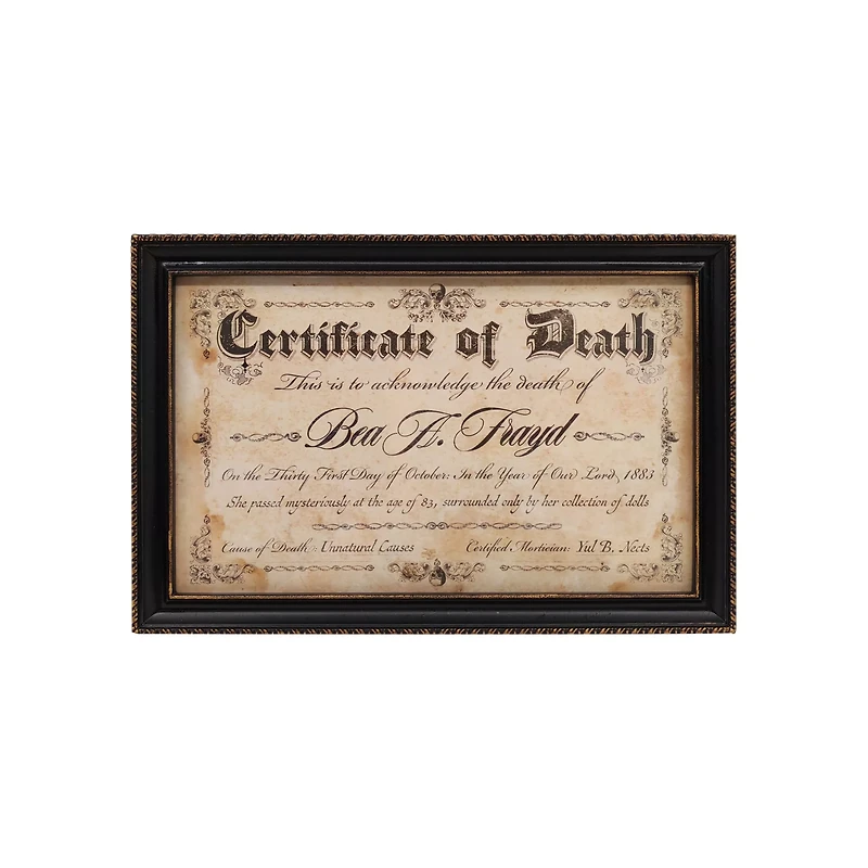 Doll Death Certificate Sign