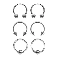 Multi-Pack Silvertone Captive Bead and Horseshoe Rings 3 Pair - 16 Gauge