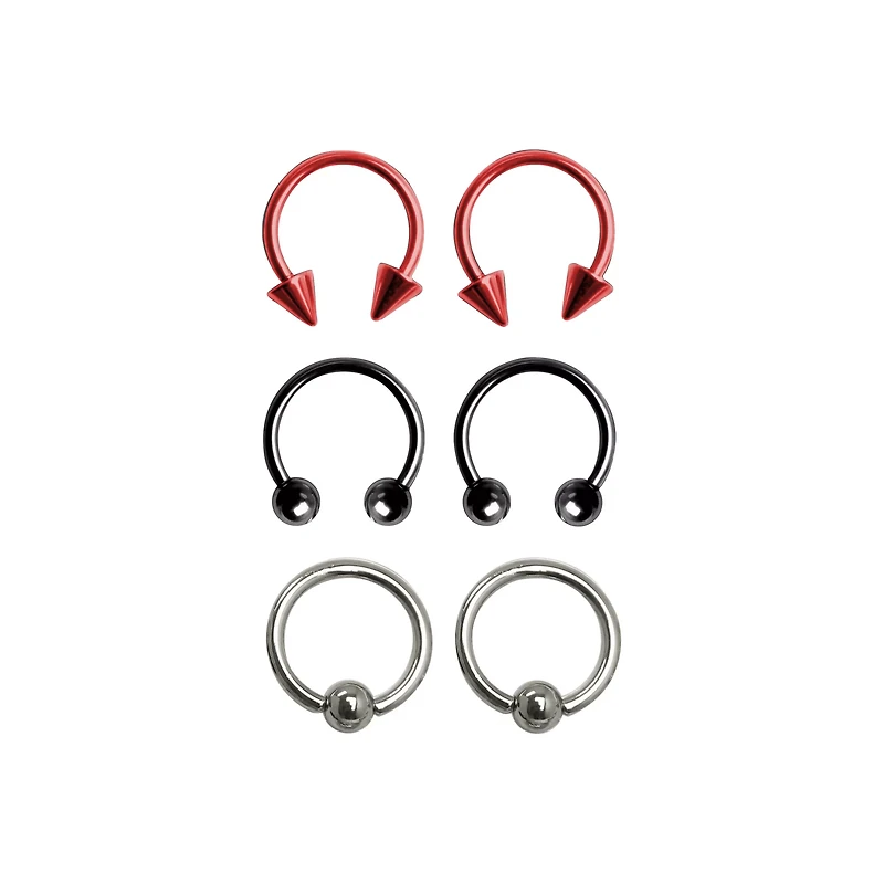 Multi-Pack Silvertone Red and Black Captive Bead Rings and Horseshoe Rings 6 Pack - 10 Gauge