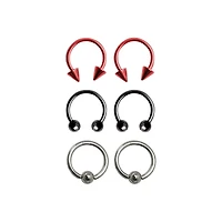 Multi-Pack Silvertone Red and Black Captive Bead Rings and Horseshoe Rings 6 Pack - 10 Gauge