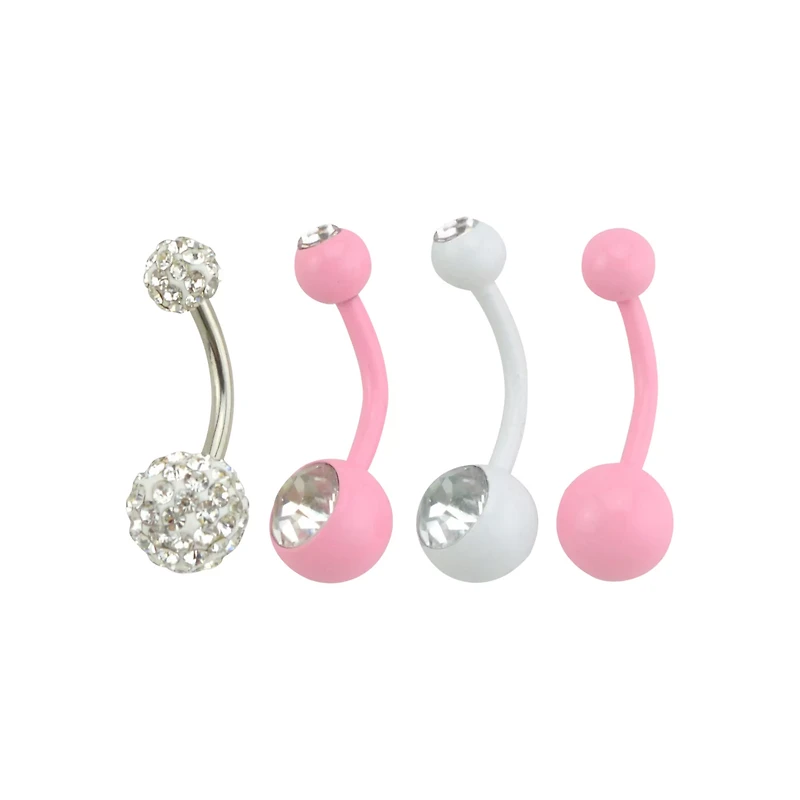 Pink and Silver CZ Belly Ring 4 Pack - 14 Gauge
