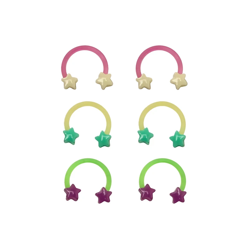 Multi-Pack Star Glow In The Dark Horseshoe Rings 3 Pair - 16 Gauge
