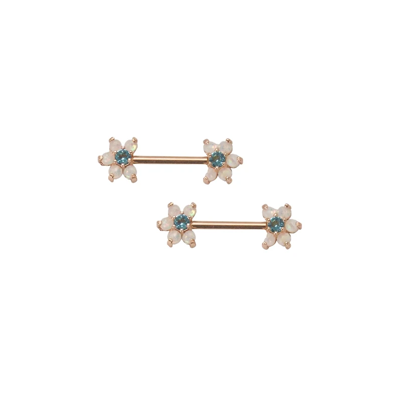 Opal-Effect Flower Nipple Rings - 14 Gauge